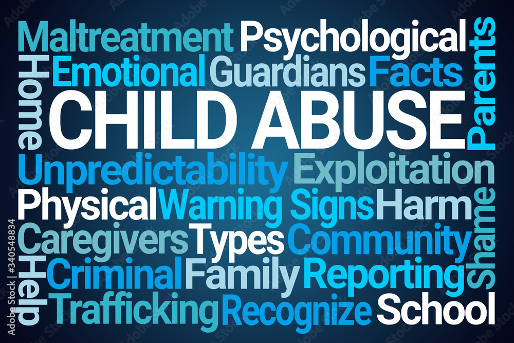 Child Abuse Word Cloud on Blue Background