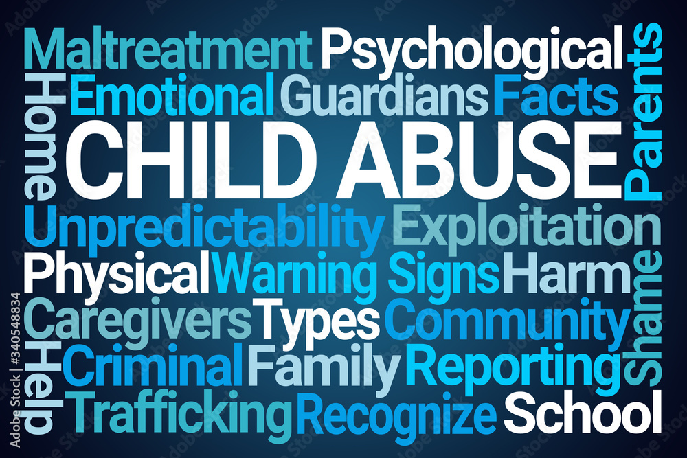 Child Abuse Word Cloud on Blue Background Child Abuse Word Cloud on Blue Background