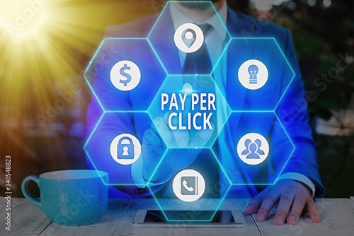 Writing note showing Pay Per Click. Business concept for internet marketing in which payment is based on clickthroughs photo