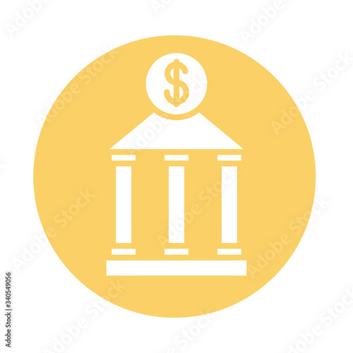 coin dollar with bank building block style icon