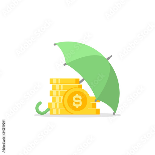 Green umbrella with gold euro coins stack under it. Vector flat icon isolated on white. Income safe.