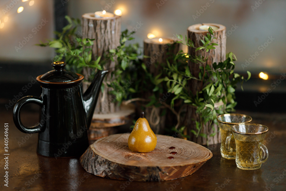 yellow pear cake on wooden background with bokeh lights
