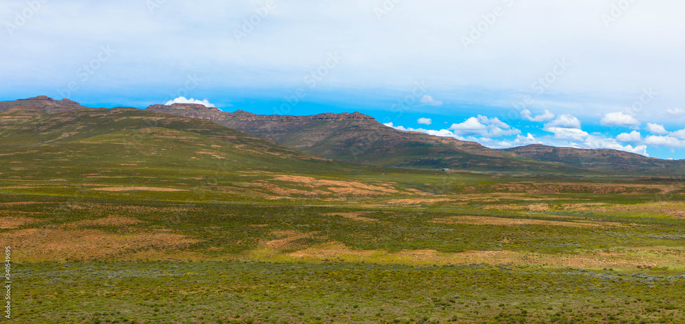 Panoramic view of the landscape and scenery between Marakabei and Thaba Tseka, Lesotho, Southern Africa