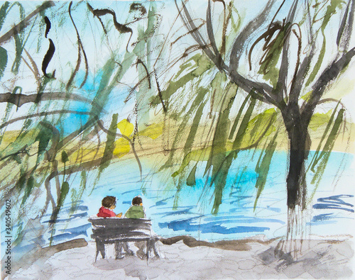 Fototapeta Naklejka Na Ścianę i Meble -  Hand drawn sketch illustration - West Lake shore in Hangzhou, China. Two women sit on a bench under willows and enjoy nature