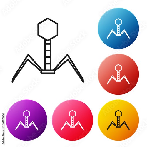 Black line Bacteria bacteriophage icon isolated on white background. Bacterial infection sign. Microscopic germ cause diseases concept. Set icons colorful circle buttons. Vector Illustration