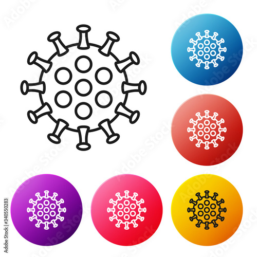 Black line Virus icon isolated on white background. Corona virus 2019-nCoV. Bacteria and germs, cell cancer, microbe, fungi. Set icons colorful circle buttons. Vector Illustration