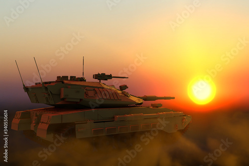desert camouflage heavy tank with not existing design on sunset, high resolution tank forces concept - military 3D Illustration
