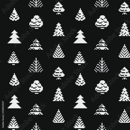 1bit Trees forest seamless pattern, pixel art style black and white abstract texture background, knitting design. Game design. Isolated vector 1-bit monochrome illustration. 