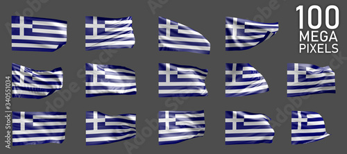 Greece flag isolated - different realistic renders of the waving flag on grey background - object 3D illustration