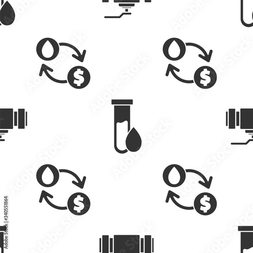 Set Industry metallic pipes and valve, Oil petrol test tube and Oil exchange, water transfer, convert on seamless pattern. Vector