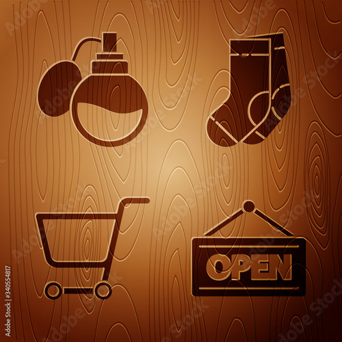 Set Hanging sign with Open, Perfume, Shopping cart and Socks on wooden background. Vector