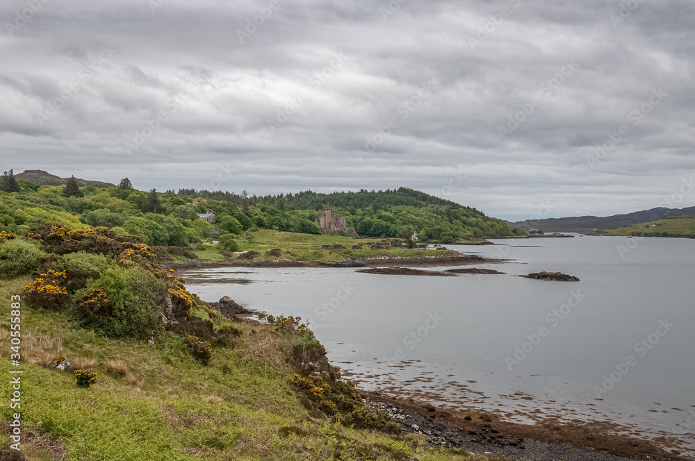Panorama of the bay of Dunvegan loch with Dunvegan castle
