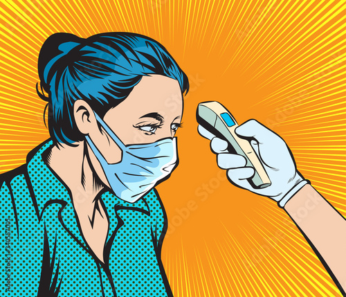 Woman being monitored for body temperature. Pop art hand drawn style vector design illustrations.

