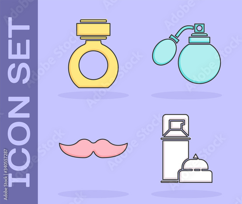 Set Shaving gel foam, Aftershave, Mustache and Aftershave bottle with atomizer icon. Vector