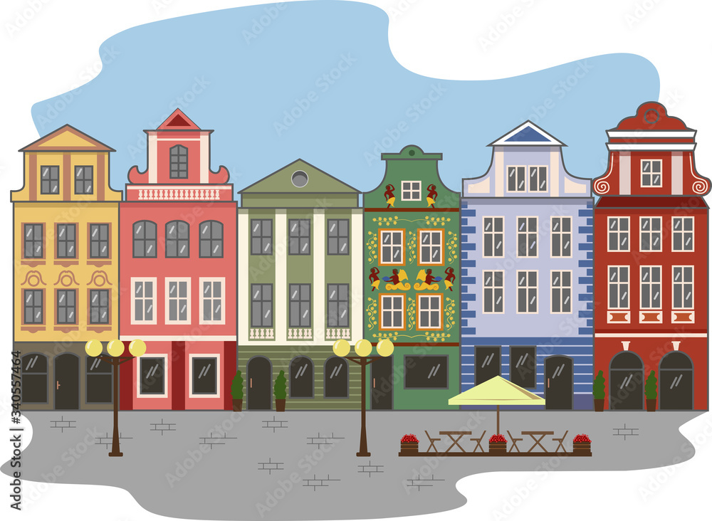 Vector illustration of beautiful street  in Prague, multicolor buildings, beautiful view in pedestrian area, pavement, lanterns and street cafe