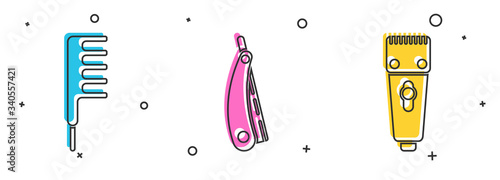 Set Hairbrush, Straight razor and Electrical hair clipper or shaver icon. Vector