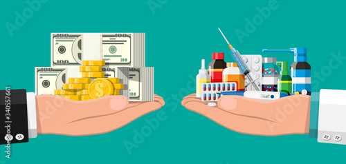 Hand scales with pile of money and bottles of drugs and pills. Health insurance and healthcare. Buying and selling drugs. Pharmacy shop. Vector illustration in flat style photo