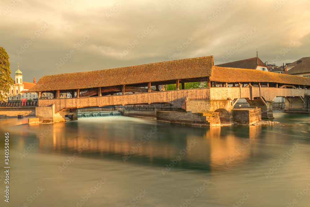 Historic old bridge (Spreuerbrücke) over the river reuss, Lucerne Switzerland - Travel concept.