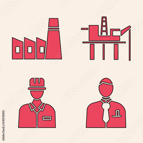 Set Businessman or stock market trader, Oil industrial factory building, Oil platform in the sea and Oilman icon. Vector