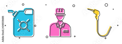 Set Canister for motor oil, Oilman and Gasoline pump nozzle icon. Vector