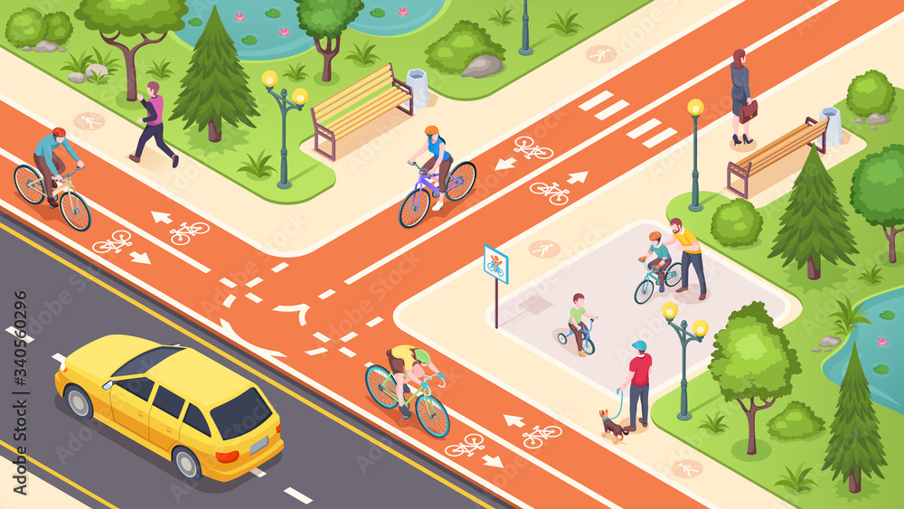Bicycle path and bike road lane in city street, vector isometric