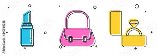Set Lipstick, Handbag and Diamond engagement ring icon. Vector