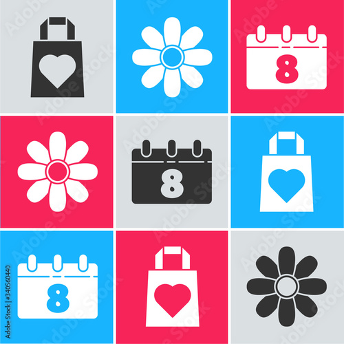 Set Shopping bag with heart, Flower and Calendar with 8 March icon. Vector