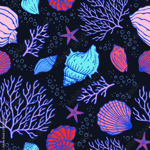 Seamless pattern with seashells, corals and starfishes. Marine background.  Perfect for greetings, invitations, manufacture wrapping paper, textile and web design.