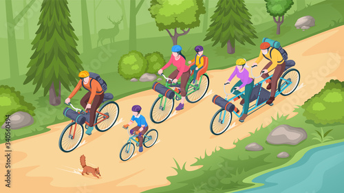 Family biking tourism, bike travel and bicycle outdoor adventure, vector isometric illustration. Family on bicycles riding in forest park or mountain road, eco tourism, camping and lifestyle activity