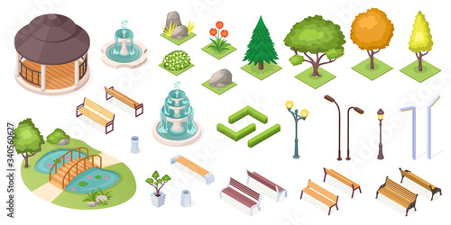 Park trees and landscape elements set, vector isolated isometric icons. Park and garden landscaping constructor, isometric trees, ponds and benches, fountain, plants and flowers, grass and hedges