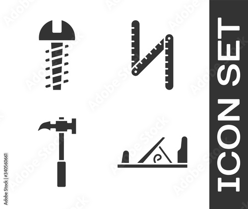 Set Wood plane tool, Metallic screw, Claw hammer and Folding ruler icon. Vector