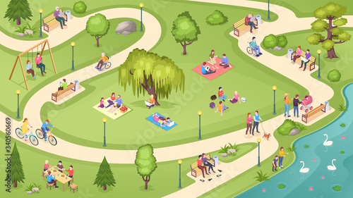 People in city park, family rest, summer picnic and leisure activity, isometric vector background. People in public park, sitting on bench, reading books under tree, walking and feeding swans in pond