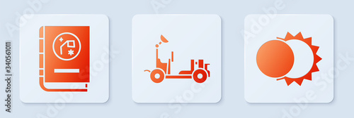 Set Mars rover, Book by astronomy and Eclipse of the sun. White square button. Vector