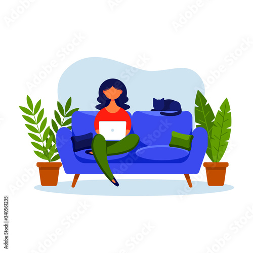 Woman with laptop sitting on the couch. Concept illustration for freelancing, studying, online education,online shopping, working from home. Vector illustration in flat cartoon style. 