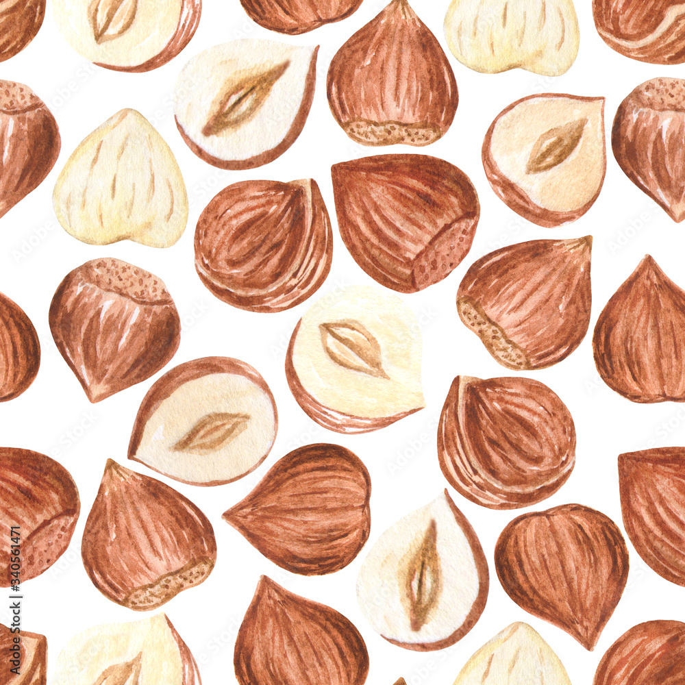Watercolor nuts seamless pattern. Cashews, almonds, hazelnuts, walnut. Illustration for menu, catalog, restaurant, cartoon, game, kitchen, textile, decor. Watercolor nuts seamless pattern. Cashews, almonds, hazelnuts, walnut. Illustration for menu, catalog, restaurant, cartoon, game, kitchen, textile, decor.
