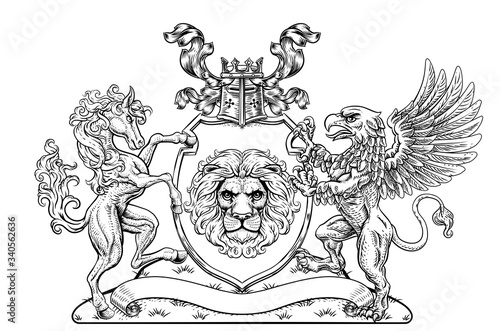 A crest coat of arms family shield seal featuring griffin, horse and lion
