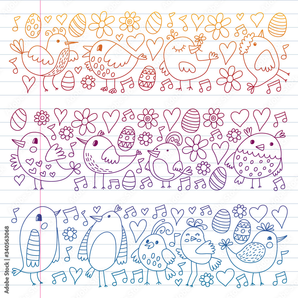 Pattern kids fabric, textile, nursery wallpaper. Vector illustration. Hand drawn singing birds and flowers for little children.