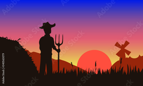 vector illustration of a farmer in a field with a pitchfork in his hand near a haystack on a sunset background