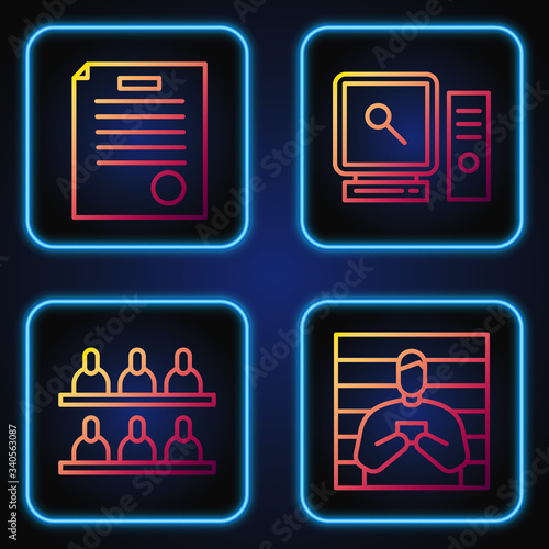 Set line Suspect criminal, Jurors, The arrest warrant and Search on computer screen. Gradient color icons. Vector