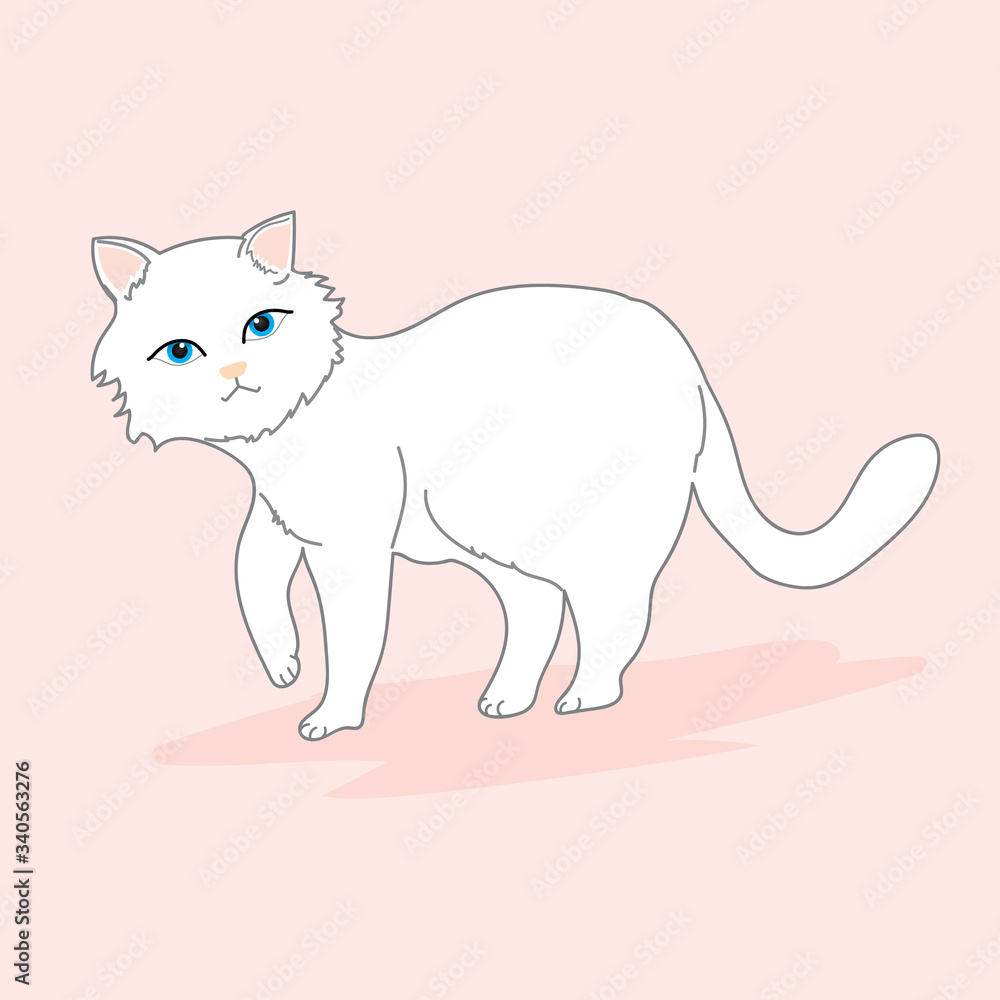 Fototapeta Cat Illustration clipart. Cute white cat is walking. It has blue eyes and a pale pink nose. It's on a light coloured floor. Hand draw art..