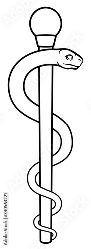 Rod of Asclepius or Aesculapius doctor medical symbol, often mislabelled as a caduceus. Features a snake curled around a staff.
