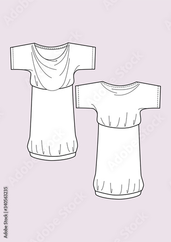 Abito donna manica corta scollo pieghe disegno piatto sketch fashion illustration fronte e retro mock up vettoriale