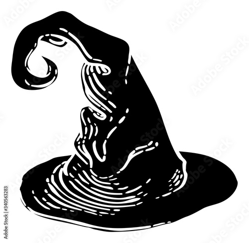 A Halloween witch hat n a vintage retro woodcut etching style
