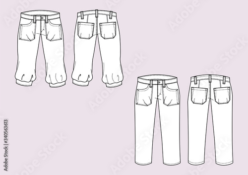 Pantalone short Capri donna disegno piatto sketch fashion illustration fronte e retro mock up vetttoriale