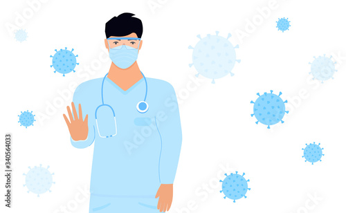 Coronavirus epidemic. Male doctor in a white medical coat and protective surgical mask shows a stop gesture with his hand. COVID-19. Quarantine in the city. Coronavirus epidemic. Horizontal banner