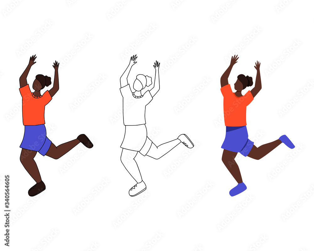Set of three female characters. Dancing girl with raised hands in flat, cartoon and line style.