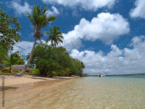 Pacific tropical coral island with sandy beach and coconut palm trees, Pangaimotu, Tonga photo
