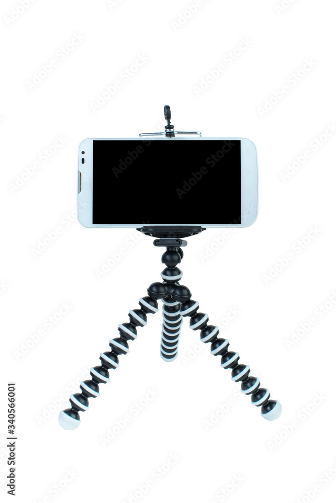 Smart Phone with a tripod on isolated white background. Smart Phone with a tripod on isolated white background.