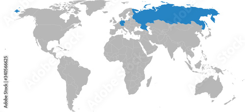 Germany, russia countries highlighted on world map. Light gray background. Political, economic, trade and culture.
