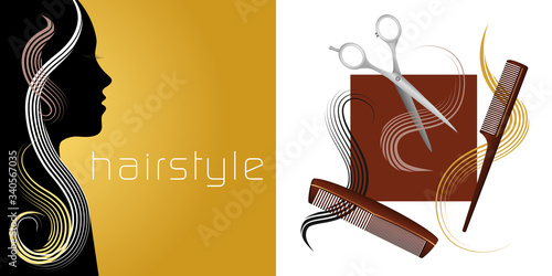 Deux illustration vectorielles - une silhouette de femme et des objets pour la coupe de cheveux.